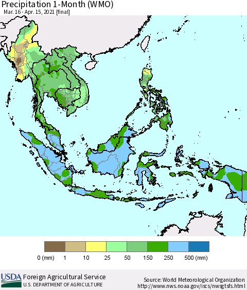South East Asia Precipitation 1-Month (WMO) Thematic Map For 3/16/2021 - 4/15/2021