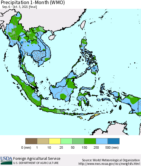 South East Asia Precipitation 1-Month (WMO) Thematic Map For 9/6/2021 - 10/5/2021