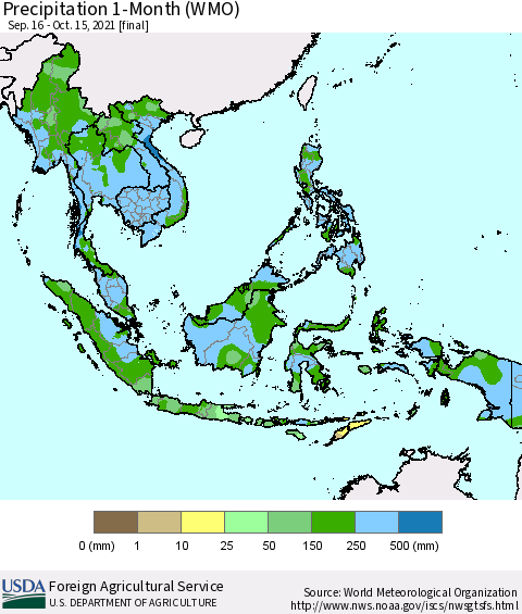 South East Asia Precipitation 1-Month (WMO) Thematic Map For 9/16/2021 - 10/15/2021