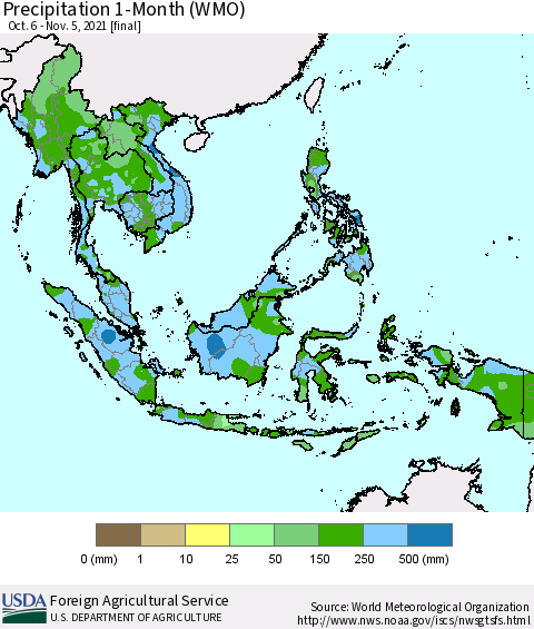 South East Asia Precipitation 1-Month (WMO) Thematic Map For 10/6/2021 - 11/5/2021