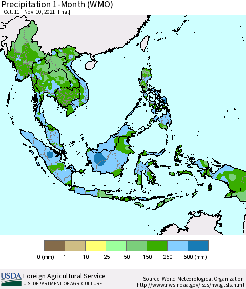 South East Asia Precipitation 1-Month (WMO) Thematic Map For 10/11/2021 - 11/10/2021