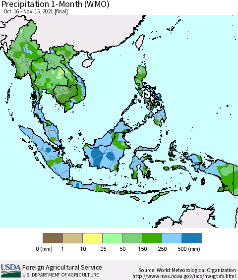 South East Asia Precipitation 1-Month (WMO) Thematic Map For 10/16/2021 - 11/15/2021
