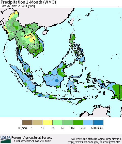 South East Asia Precipitation 1-Month (WMO) Thematic Map For 10/26/2021 - 11/25/2021