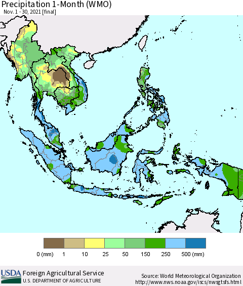 South East Asia Precipitation 1-Month (WMO) Thematic Map For 11/1/2021 - 11/30/2021