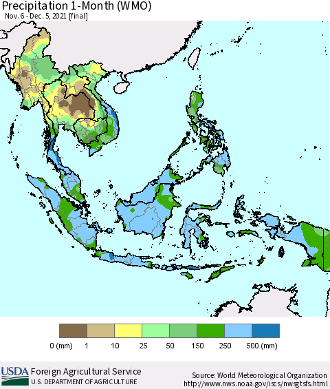 South East Asia Precipitation 1-Month (WMO) Thematic Map For 11/6/2021 - 12/5/2021