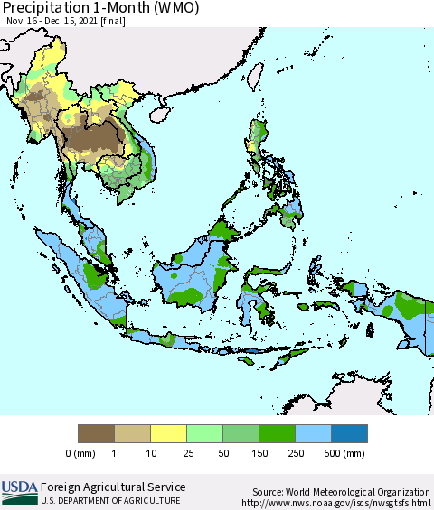 South East Asia Precipitation 1-Month (WMO) Thematic Map For 11/16/2021 - 12/15/2021