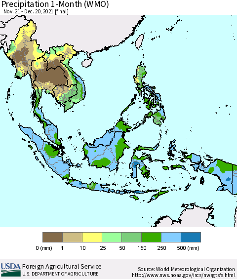 South East Asia Precipitation 1-Month (WMO) Thematic Map For 11/21/2021 - 12/20/2021