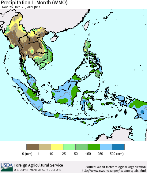 South East Asia Precipitation 1-Month (WMO) Thematic Map For 11/26/2021 - 12/25/2021