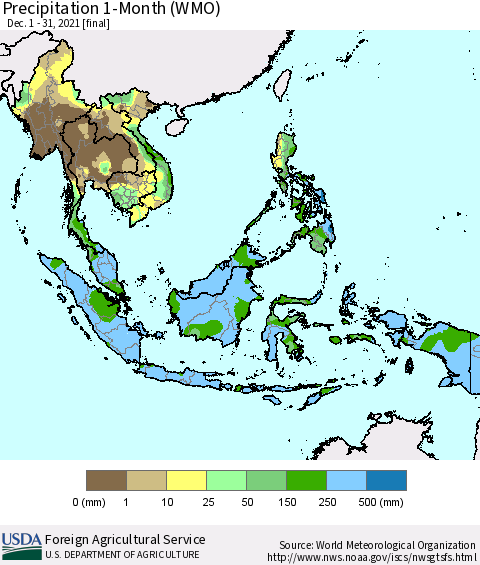 South East Asia Precipitation 1-Month (WMO) Thematic Map For 12/1/2021 - 12/31/2021