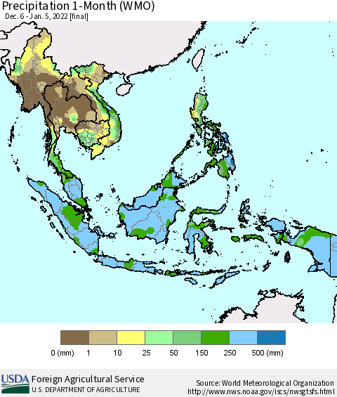 South East Asia Precipitation 1-Month (WMO) Thematic Map For 12/6/2021 - 1/5/2022
