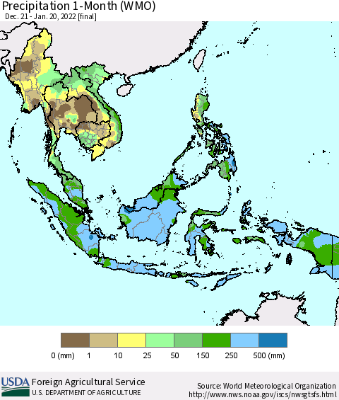 South East Asia Precipitation 1-Month (WMO) Thematic Map For 12/21/2021 - 1/20/2022