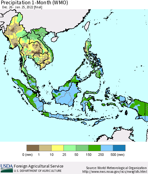 South East Asia Precipitation 1-Month (WMO) Thematic Map For 12/26/2021 - 1/25/2022