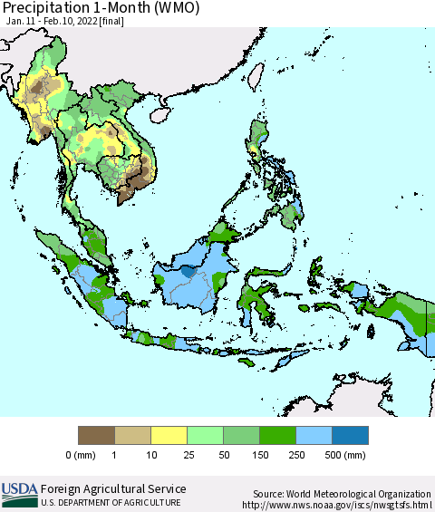 South East Asia Precipitation 1-Month (WMO) Thematic Map For 1/11/2022 - 2/10/2022