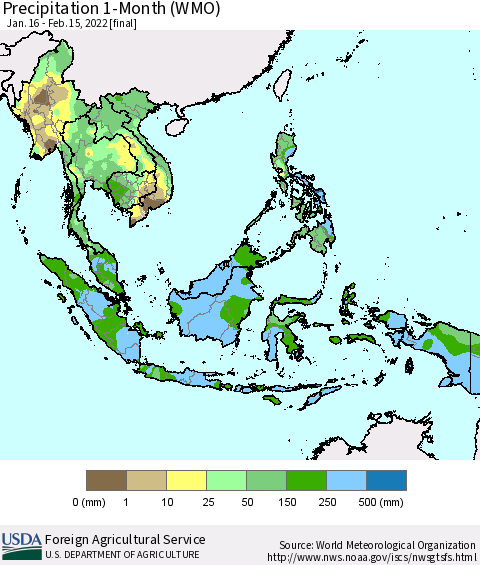 South East Asia Precipitation 1-Month (WMO) Thematic Map For 1/16/2022 - 2/15/2022