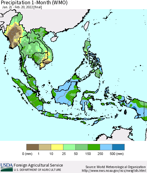 South East Asia Precipitation 1-Month (WMO) Thematic Map For 1/21/2022 - 2/20/2022