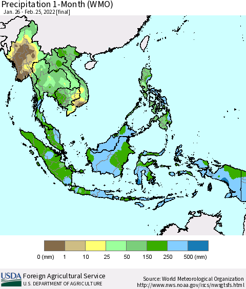 South East Asia Precipitation 1-Month (WMO) Thematic Map For 1/26/2022 - 2/25/2022