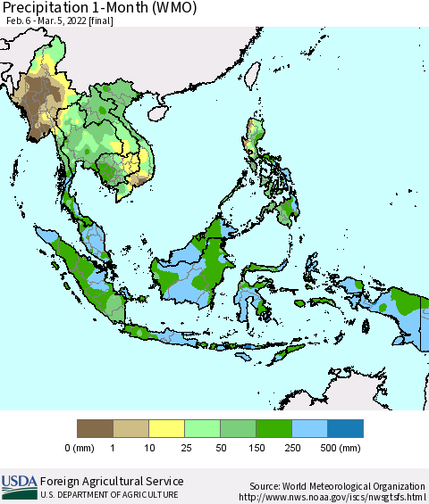 South East Asia Precipitation 1-Month (WMO) Thematic Map For 2/6/2022 - 3/5/2022