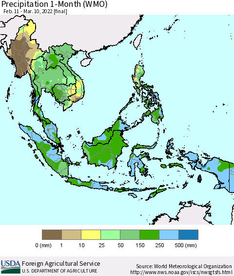 South East Asia Precipitation 1-Month (WMO) Thematic Map For 2/11/2022 - 3/10/2022
