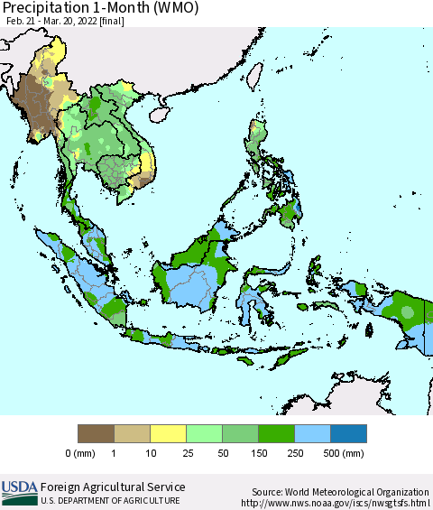 South East Asia Precipitation 1-Month (WMO) Thematic Map For 2/21/2022 - 3/20/2022