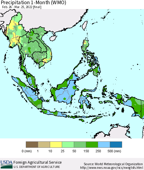 South East Asia Precipitation 1-Month (WMO) Thematic Map For 2/26/2022 - 3/25/2022