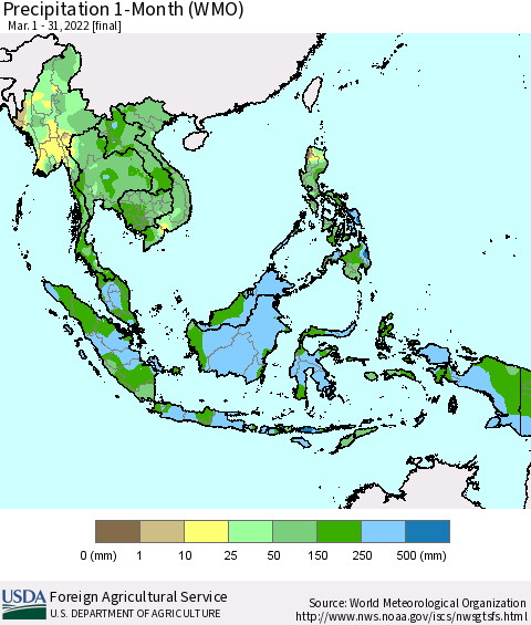 South East Asia Precipitation 1-Month (WMO) Thematic Map For 3/1/2022 - 3/31/2022