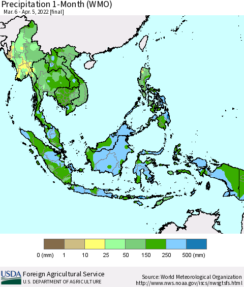 South East Asia Precipitation 1-Month (WMO) Thematic Map For 3/6/2022 - 4/5/2022