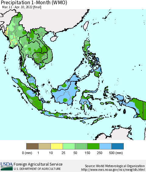 South East Asia Precipitation 1-Month (WMO) Thematic Map For 3/11/2022 - 4/10/2022