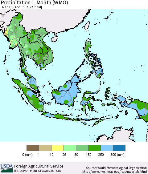 South East Asia Precipitation 1-Month (WMO) Thematic Map For 3/16/2022 - 4/15/2022