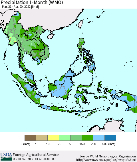 South East Asia Precipitation 1-Month (WMO) Thematic Map For 3/21/2022 - 4/20/2022