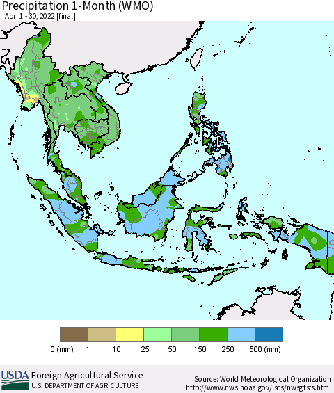 South East Asia Precipitation 1-Month (WMO) Thematic Map For 4/1/2022 - 4/30/2022