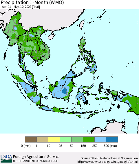 South East Asia Precipitation 1-Month (WMO) Thematic Map For 4/11/2022 - 5/10/2022