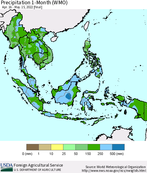 South East Asia Precipitation 1-Month (WMO) Thematic Map For 4/16/2022 - 5/15/2022