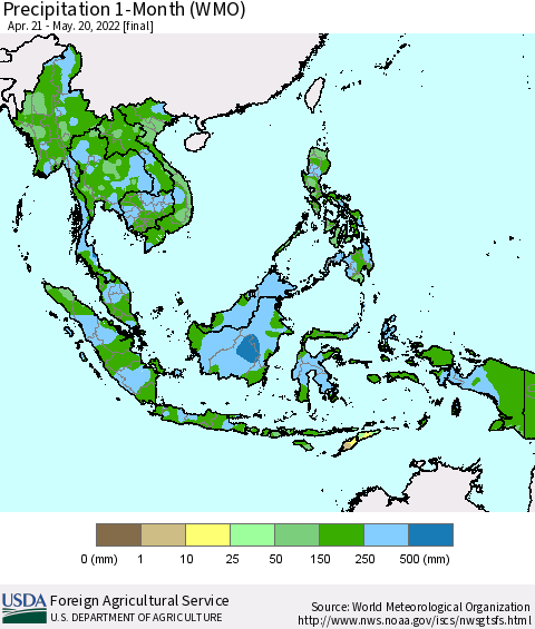 South East Asia Precipitation 1-Month (WMO) Thematic Map For 4/21/2022 - 5/20/2022