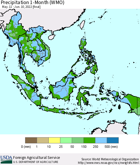 South East Asia Precipitation 1-Month (WMO) Thematic Map For 5/11/2022 - 6/10/2022