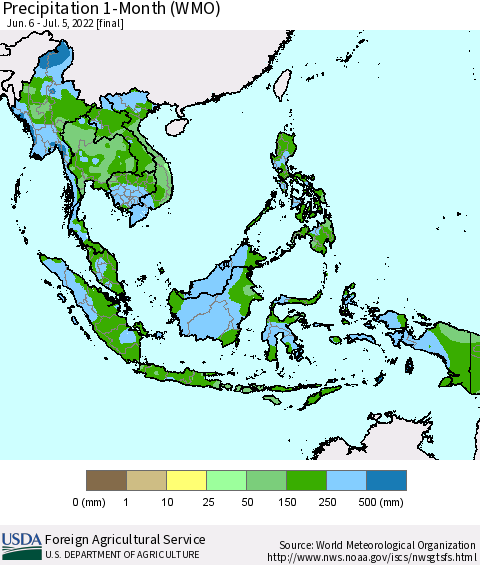 South East Asia Precipitation 1-Month (WMO) Thematic Map For 6/6/2022 - 7/5/2022