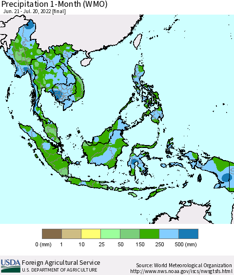 South East Asia Precipitation 1-Month (WMO) Thematic Map For 6/21/2022 - 7/20/2022