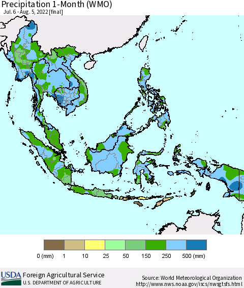 South East Asia Precipitation 1-Month (WMO) Thematic Map For 7/6/2022 - 8/5/2022