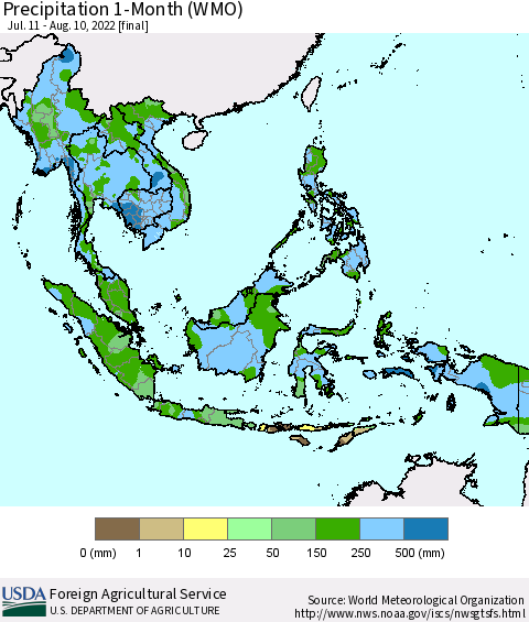 South East Asia Precipitation 1-Month (WMO) Thematic Map For 7/11/2022 - 8/10/2022