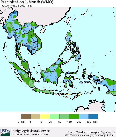 South East Asia Precipitation 1-Month (WMO) Thematic Map For 7/16/2022 - 8/15/2022