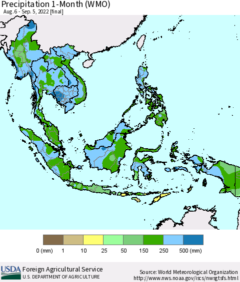 South East Asia Precipitation 1-Month (WMO) Thematic Map For 8/6/2022 - 9/5/2022