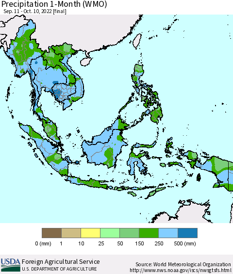 South East Asia Precipitation 1-Month (WMO) Thematic Map For 9/11/2022 - 10/10/2022