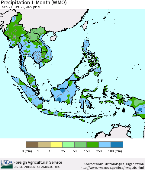 South East Asia Precipitation 1-Month (WMO) Thematic Map For 9/21/2022 - 10/20/2022