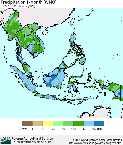South East Asia Precipitation 1-Month (WMO) Thematic Map For 9/26/2022 - 10/25/2022