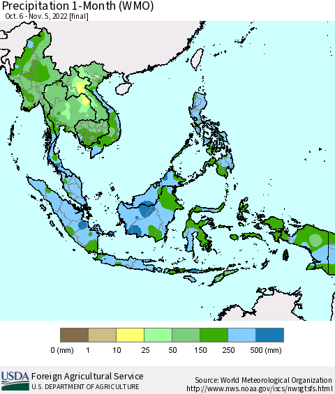 South East Asia Precipitation 1-Month (WMO) Thematic Map For 10/6/2022 - 11/5/2022