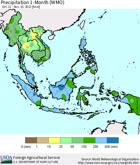 South East Asia Precipitation 1-Month (WMO) Thematic Map For 10/11/2022 - 11/10/2022