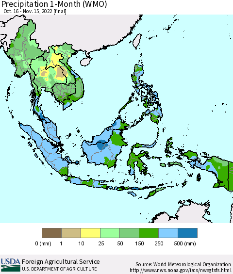 South East Asia Precipitation 1-Month (WMO) Thematic Map For 10/16/2022 - 11/15/2022