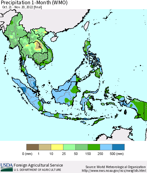 South East Asia Precipitation 1-Month (WMO) Thematic Map For 10/21/2022 - 11/20/2022