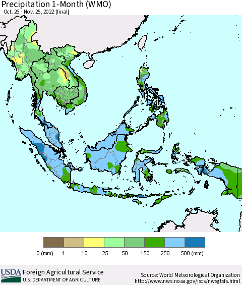 South East Asia Precipitation 1-Month (WMO) Thematic Map For 10/26/2022 - 11/25/2022