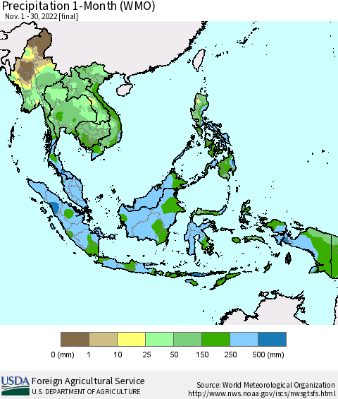 South East Asia Precipitation 1-Month (WMO) Thematic Map For 11/1/2022 - 11/30/2022