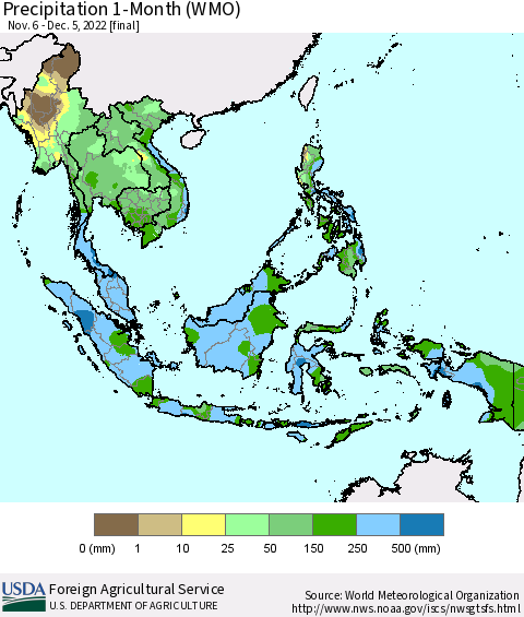 South East Asia Precipitation 1-Month (WMO) Thematic Map For 11/6/2022 - 12/5/2022